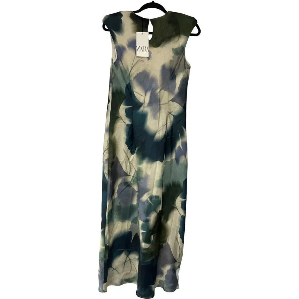 Zara Womens Midi Dress L Green Printed Satin Effect Short Sleeve 2362/119 NWT - Picture 3 of 15